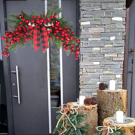 Christmas Swag Decoration Floral Swag with Berries and Ribbon Bows Christmas Balls 27.56 Inch Greenery Christmas Swag Xmas Door Swag for Front Door Festival Decor Wall Arch Window