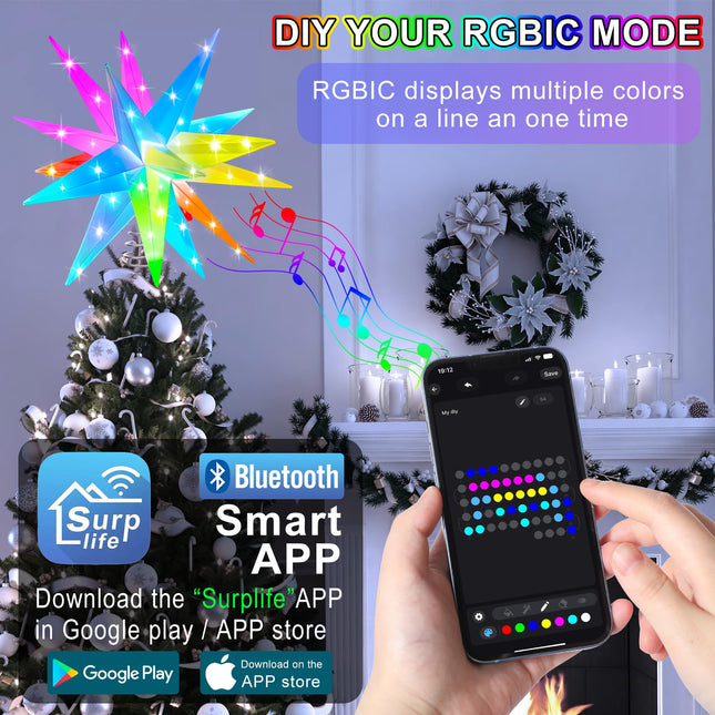 Christmas Star Tree Topper, 13Inch Smart Lighted Treetop Christmas Tree Decorations, Bluetooth App Control Music Sync Color Changing LED Christmas Light with Remote, Indoor and Outdoor