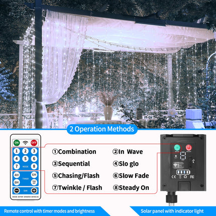 Solar Curtain Lights 1010Ft 300LED Waterproof Waterfall Light with 8 Modes Remote Type C Charging Dimmable Timer Twinkle Fairy String Lights for Outdoor Christmas Gazebo Wedding Party Pergola Patio