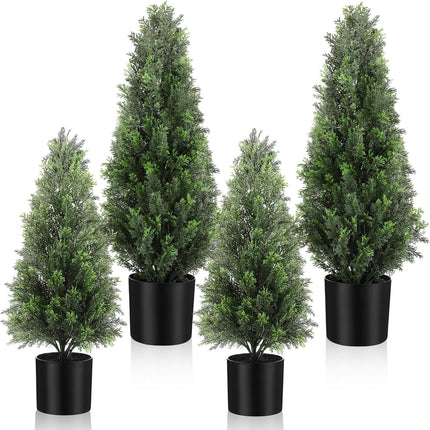 Riceshoot 4 Pcs Artificial Topiary Trees Artificial Cedar Trees UV Resistant Potted Faux Trees Plants Fake Shrub Trees Plastic Green Pine for Porch Garden Office Front Door Indoor Decor (1.5ft,2ft)
