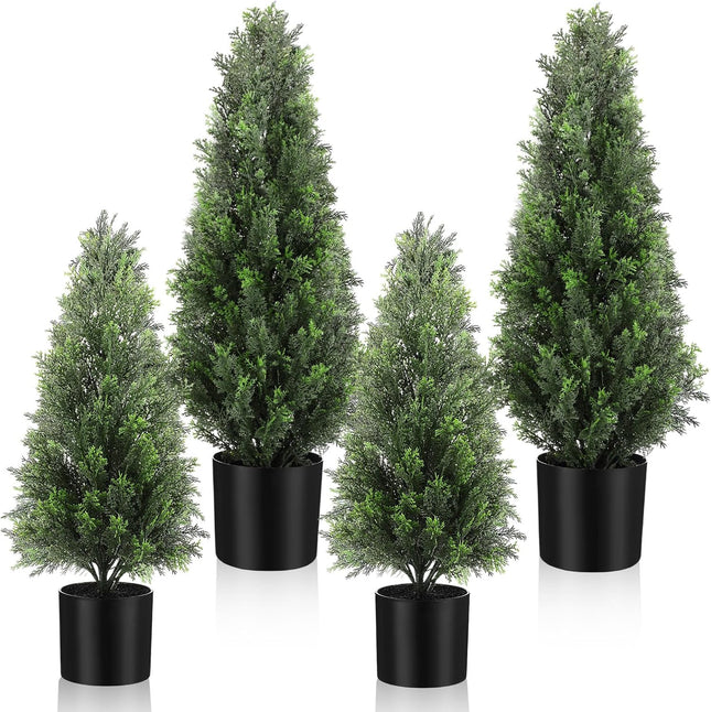 Riceshoot 4 Pcs Artificial Topiary Trees Artificial Cedar Trees UV Resistant Potted Faux Trees Plants Fake Shrub Trees Plastic Green Pine for Porch Garden Office Front Door Indoor Decor (1.5ft,2ft)