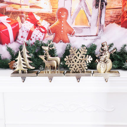 Elk Tree Snowflake Snowman Stocking Holder for Mantle Set of 4,Stocking Holders for Firepiece ,Christmas Stocking Hanger for Fireplace Topper, Decorative Hooks for Stockings (Bronze )