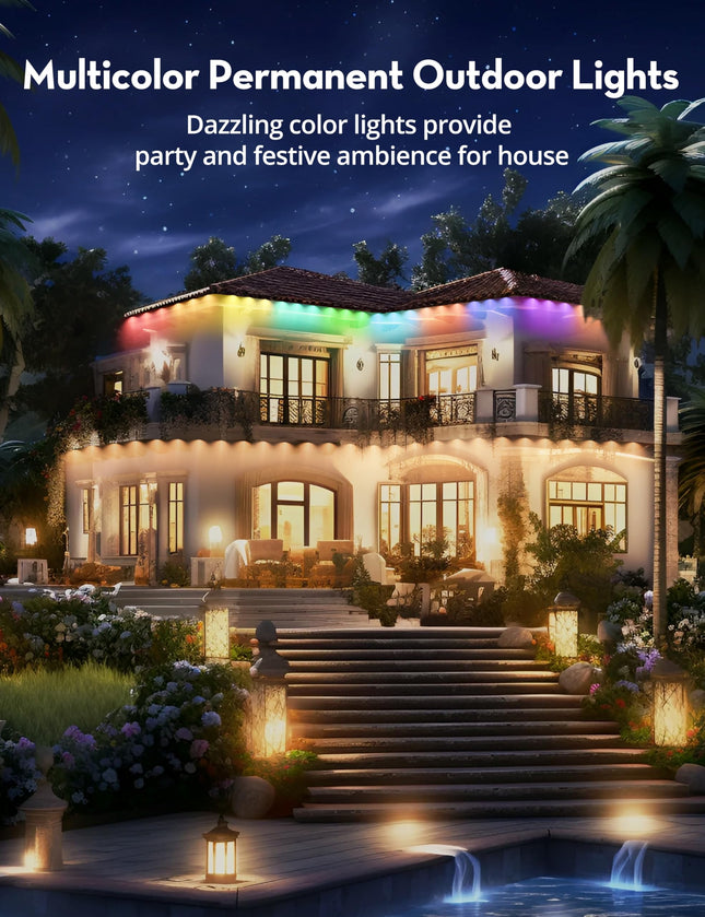 RGB+IC Permanent Outdoor Lights for House Garden, 50Ft Smart Eave Lights, String Lights, IP67 Waterproof, for Christmas Halloween Decor Birthday with Alexa, Google Assistant APP/Remote Control