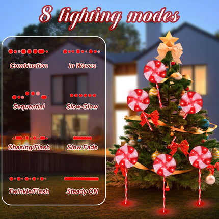 Solar Christmas Pathway Lights Outdoor 6 Pack, 31.4" Lollipops Peppermint Stake Lights 8 Modes, Remote Control USB Charge Candy Cane Christmas Decorations Outdoor for Xmas Yard Walkway Patio Decor