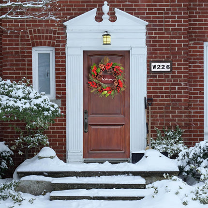 24 Inch Christmas Wreath for Front Door, Artificial with Welcome Sign, Pine Needles, Pine Cones, Red Berries Winter Xmas Wreath for Window Wall Fireplace Farmhouse Holiday Party Decoration