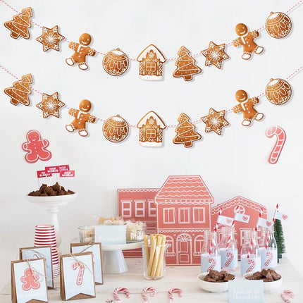 Uniwish 2 Pack Gingerbread Theme Garland Banner Christmas Hanging Decorations Tree Ornaments Christmas Bunting Banner for Xmas Party Holiday Home Wall Decor