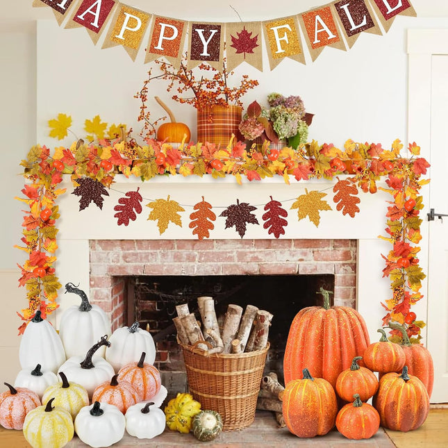 Fall Decor-6Ft Fall Garland Maple Leaf Garland Pumpkin Berry Fall Leaf Garland Decoration for Thanksgiving Halloween and Christmas, Indoor & Outdoor Mantle, Table, Fireplace