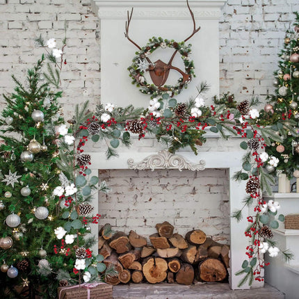 Artiflr 6FT Christmas Pine Garland with Berries Pine Cones Spruce Eucalyptus Leaves Cotton Balls Winter Greenery Garland, Artificail Berry Garland for Holiday Fireplace Table Runner Centerpiece Decor