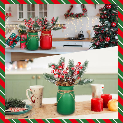 13 Pcs Christmas Mason Jar Table Centerpiece Artificial Red Berry Arrangement with Faux Pine Koob Ceg and Christmas Beaded Garland for Christmas Winter Tiered Tray Table Decor