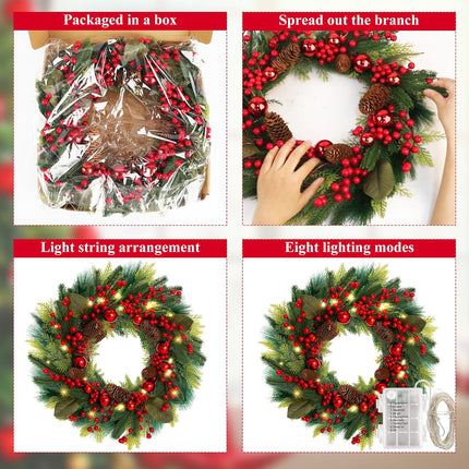 MACTING 20inch Christmas Wreaths for Front Door,8 Lighting Mode Artificial Wreath with Lights Battery Operated Indoor Outdoor Winter Christmas Wreaths with Red Berries Pine Cones and Ball Ornaments