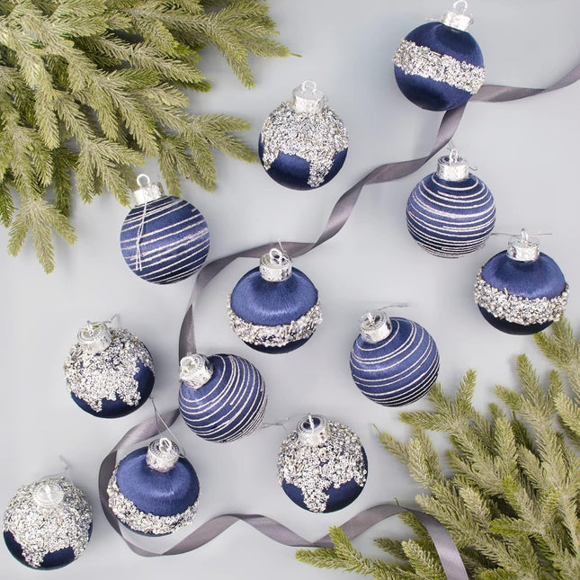 12 Pcs Satin Christmas Ball Ornaments, Luxury Silk Tree Hanging Decorations for Xmas Wreath Garland Wedding Party (Blue)