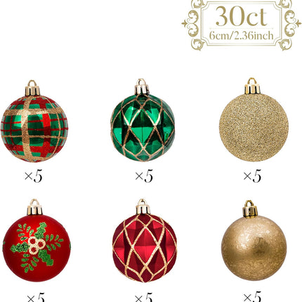 Valery Madelyn Christmas Ornaments Set, 30ct Red Green and Gold Shatterproof Christmas Tree Decorations Ball Ornaments Bulk, 2.36 Inches Traditional Country Hanging Ornaments for Xmas Trees Decor