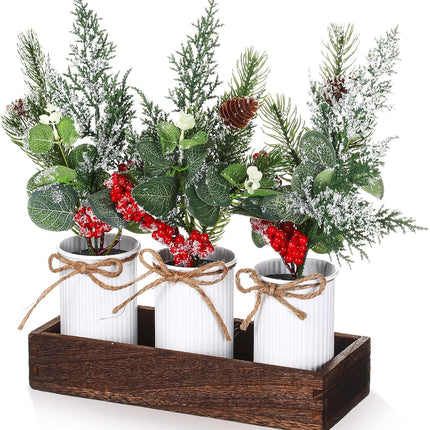 Yunlly Christmas Centerpieces Red Berry Christmas Artificial Pine Cone Snow Branches Picks with Wood Box for Rustic Farmhouse Winter Christmas Table Mantel Decoration