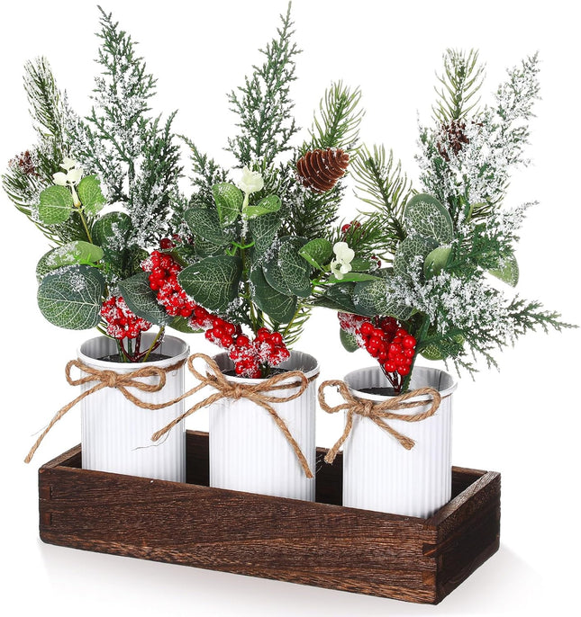 Yunlly Christmas Centerpieces Red Berry Christmas Artificial Pine Cone Snow Branches Picks with Wood Box for Rustic Farmhouse Winter Christmas Table Mantel Decoration