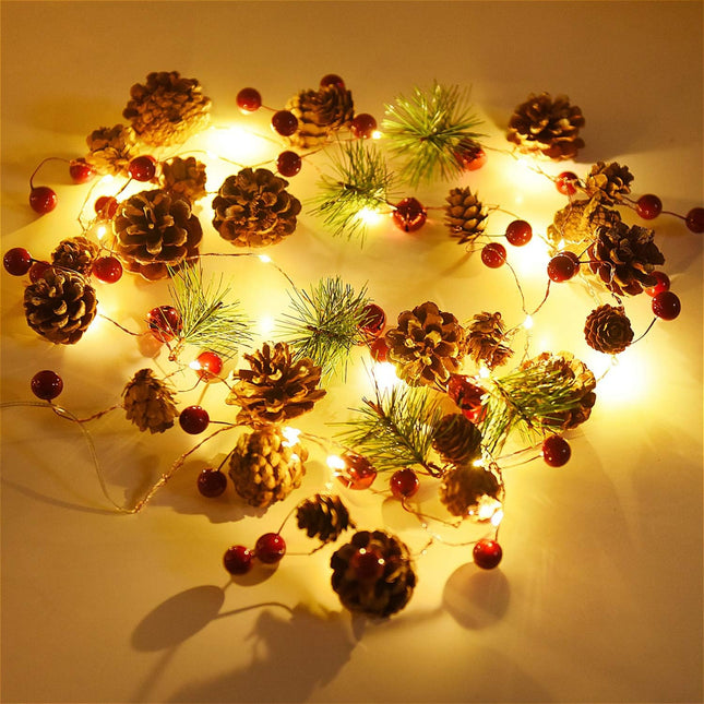 Rocinha Christmas Garland with Lights Battery Operated 7.2 Ft 20 Pinecones Red Berry Garland with Lights Prelit Garland for Mantle Fireplace Table Indoor Outdoor Lighted Garland Decor