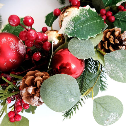 18 Inch Christmas Shatterproof Eucalyptus Pine Wreath for Front Door, Winter Green and Red Holly Berries Home Wreath, Xmas Home Decor Wreath with Christmas Balls