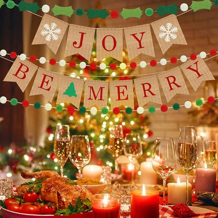 6 Pieces Christmas Burlap Banner Felt Pom Garland Banner Be Merry Bunting Banner Happy Holidays Banner Joy Bunting Banner for Holiday Birthday Anniversary Decoration (Brown)