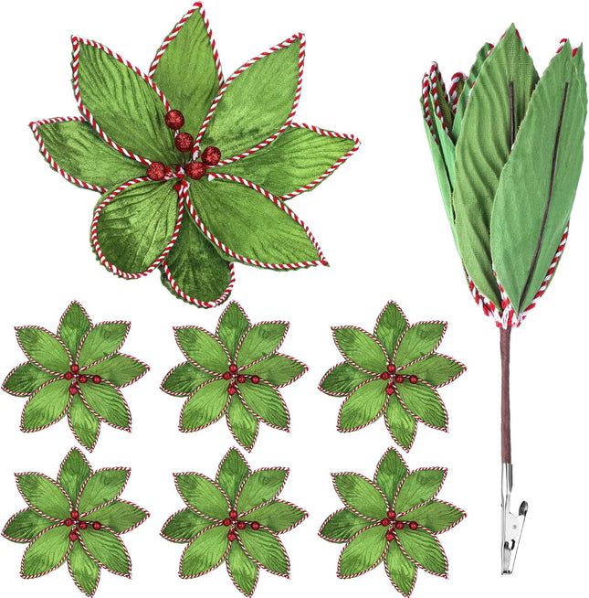 6 Pcs Green Peppermint Edge Christmas Poinsettia Stem 10.24 x 3.94 Inch Silk Velvet Artificial Poinsettia Flowers Fake Poinsettia Blooms for Christmas Trees and Holiday Decorations