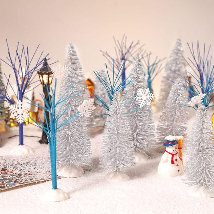 15 Pcs Mini Christmas Trees Bottle Brush Trees Set Christmas Village Sets Navy Blue Winter Village Accessories Ornaments for Christmas Decorations Snowflake Bare Branch Miniature Snow Frost Trees Home
