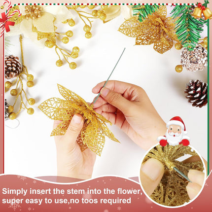 56 Pcs Christmas Tree Decorations, Christmas Ornaments Set with Poinsettias Artificial Christmas Flowers, Berry Branches and Pine Cones, Christmas Decor for Tree/Wreath/Garland(Gold)
