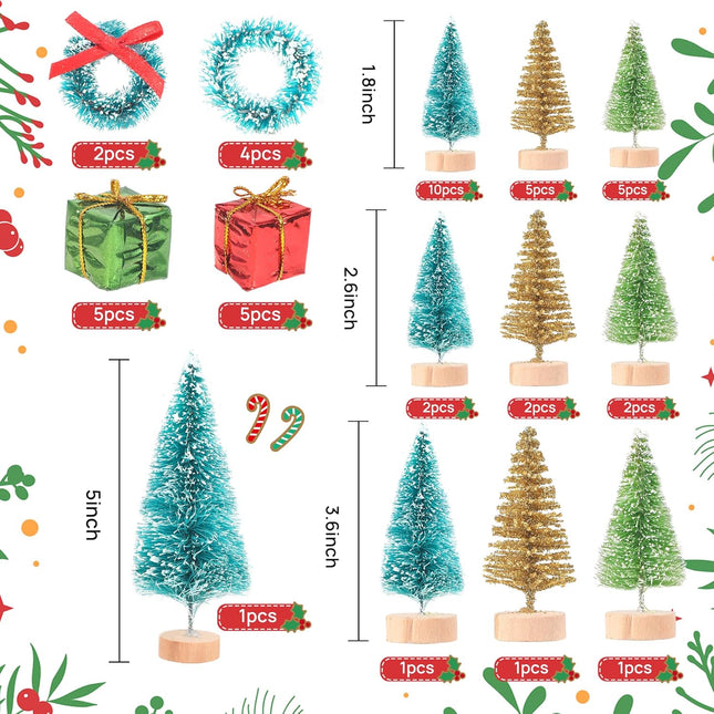 46 PCS Mini Christmas Trees Set, Artificial Miniature Tabletop Christmas Tree with Wreath and Small Decorated Boxes Christmas Bottle Brush Trees for DIY Craft Home Table Decor (Color A)