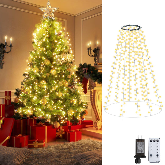 Christmas Tree Lights with Ring - 640 LED 7Ft Christmas Tree Decorations String Lights with 8 Modes & Remote, Waterproof for Indoor Outdoor Xmas Tree Decor, Warm White