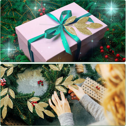 KIMOBER 20PCS Christmas Artificial Leaves,Glitter Golden Fake Floral Spray Picks Branches Twig for Xmas Tree Wreath Wedding Bouquet Decoration