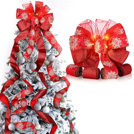 XunYee Large Christmas Tree Topper Bow 12.6 inch Lighted up Christmas Bow with 4 Snowflake Ribbon Streamers x 3 Yards Long Each for Xmas Christmas Tree Decor(Red)