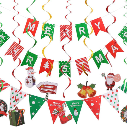 Merry Christmas Party Decorations Banner - Red Green Merry Christmas Banner, Pennant Flags Garland And Hanging Swirls for Christmas Party Decoration, Christmas Home Office Background Decor (MCB)