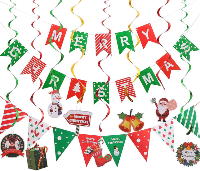 Merry Christmas Party Decorations Banner - Red Green Merry Christmas Banner, Pennant Flags Garland And Hanging Swirls for Christmas Party Decoration, Christmas Home Office Background Decor (MCB)