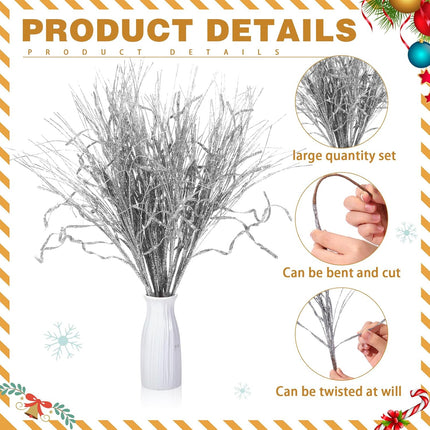 Christmas Glitter Curly Tree Picks Wispy Willow Stem Glittered Twigs Decor Wreath Garland Floral Arrangement Glitter Stems for Xmas Tree Decor(Silver,24 Pcs)