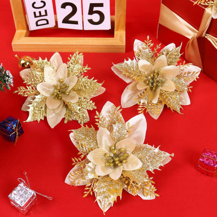 Christmas Tree Decor-18 Pcs 5.5" Poinsettias Artificial Christmas Flowers Picks with Clips Stems Xmas Ornaments for Christmas Wreaths Garland Home Party Decorations Gold