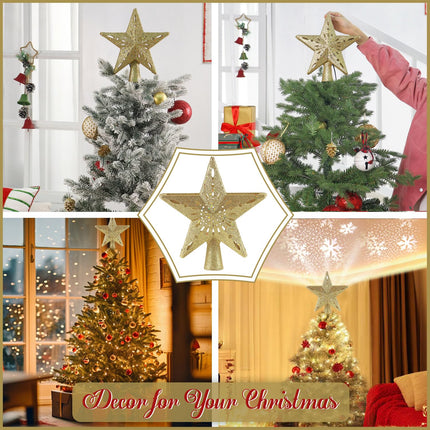 Christmas Star Tree Topper Projector, Lighted 3D Star Tree Top with Rotating LED Snowflake Projection, Glitter Gold Xmas Tree Decoration, Easy Setup for Holiday Home Christmas Party Decor
