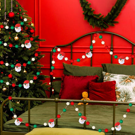 Hosuly Christmas Santa Claus Felt Ball Garland 8.3 ft Pom Pom Garland Red White Green Pompom Banner Pom Pom Hanging Decorations for Christmas Tree Home Fireplace Window Indoor Outdoor