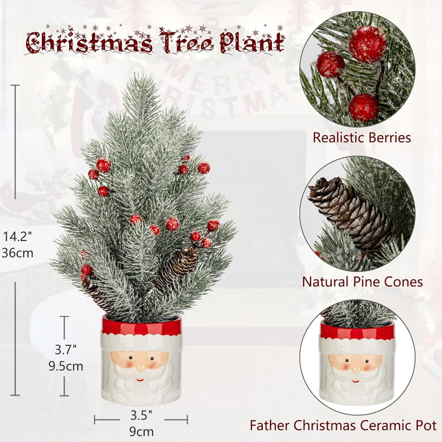 Small Christmas Tree Tabletop Snowman Potted Plants with Vase 14.2" Artificial Mini Xmas Tree Decorations Slim Pine Needles Plant with Christmas Ball Ornaments Berries Pine Cones Home Christmas Decor