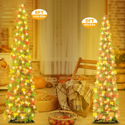 [ Timer ] 6Ft Lighted Fall Pop Up Tree - Artificial Fall Tinel Maple Tree with 100 Warm Lights, Battery Operated Collapsible Pencil Tinsel Fall Trees for Autum Harvest Thanksgiving Porch Home Decor