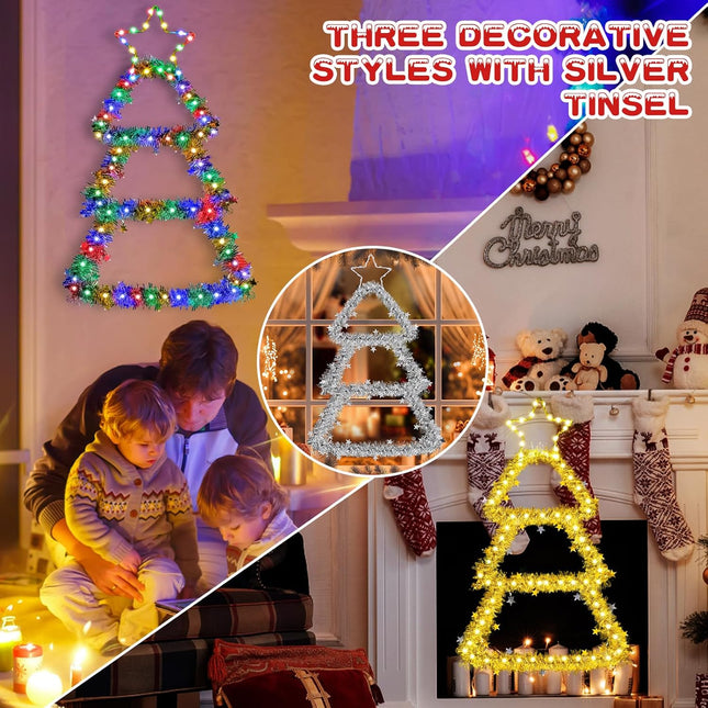 LED Christmas Decorations Lights, 2.2ft Multicolor and Warm White Lighted Christmas Tree with Silver Tinsel, Battery Operated Hanging Lights for Indoor Outdoor, Window Wall Door Home Decor