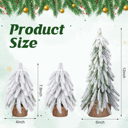 Iceyyyy 3 Pcs Snow Tabletop Christmas Trees,2 Size Snow Flocked Mini Tabletop Pine Trees with Wooden Base,Artificial Desk Christmas Trees for Xmas Holiday Home Party Table Decorations
