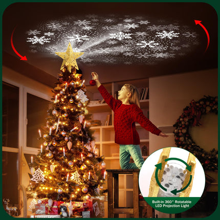 Christmas Tree Topper Lighted with 8 Projector Patterns Modes, Christmas Tree Star Topper LED Rotating Lights, 3D Glitter Lighted Tree Topper for Party Holiday Christmas Decorations (Gold)