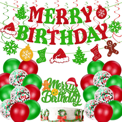 Christmas Birthday Decorations Merry Birthday Banner Christmas Cake topper Red Green Hanging Swirls Balloons for Merry Christmas Tree Winter Snow Happy Year Theme Party Supplies 46 PCS