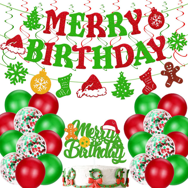 Christmas Birthday Decorations Merry Birthday Banner Christmas Cake topper Red Green Hanging Swirls Balloons for Merry Christmas Tree Winter Snow Happy Year Theme Party Supplies 46 PCS