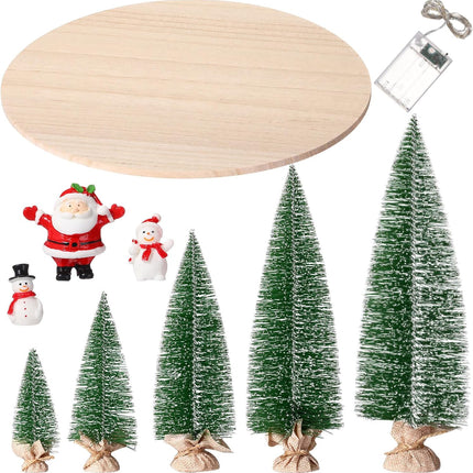 10 Pcs Artificial Mini Christmas Trees 5 Size Bottle Brush Pine Trees Christmas Village Decorations with Santa Snowmen Ornament and LED Light String for DIY Craft Tabletop Desk Display