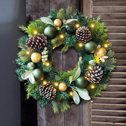 WANNA-CUL Pre-Lit 20 Inch Lighted Christmas Wreath for Front Door Decoration with Green Gold Christmas Ball Ornaments,Battery Operated 30 LED Lights