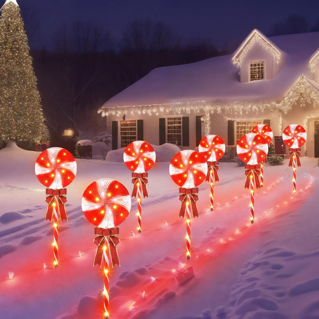 ROCEEI 2 Sets Outdoor Christmas Yard Decorations 26" Peppermint Lollipop Candy Cane Pathway Lights 160 LEDs 8 Lighting Modes Timer with Bows Waterproof Christmas Pathway Markers for Yard Garden