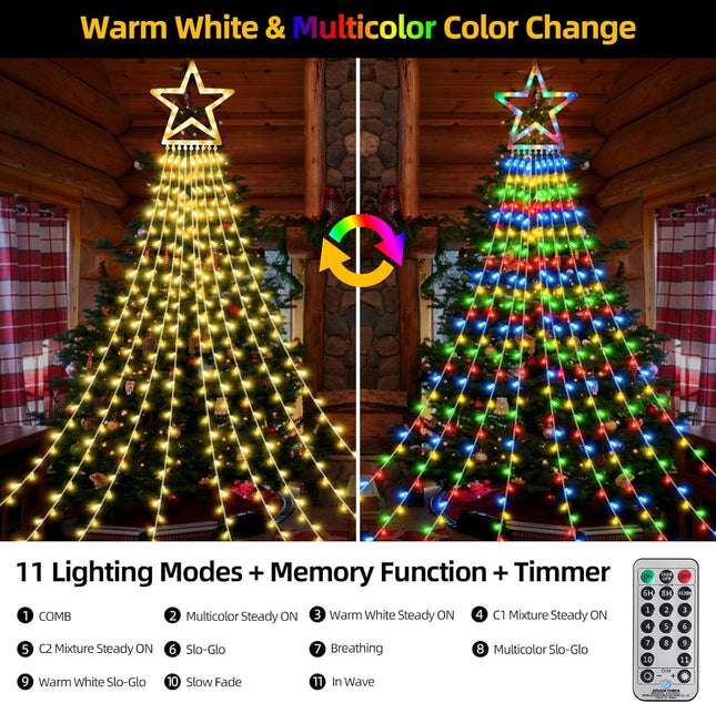 Christmas Decoration Lights 320 LED Color Changing Outdoor Star String Lights Waterproof Waterfall Christmas Lights 11 Light Modes, Remote & Timer [Warm White & Multicolor]