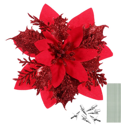 STOBOK Christmas Glitter Poinsettia Artificial Flowers12 Pack Christmas Tree Ornaments for Wreaths Garland Holiday Party, Xmas Decoration, Red 6 Inch (Red)