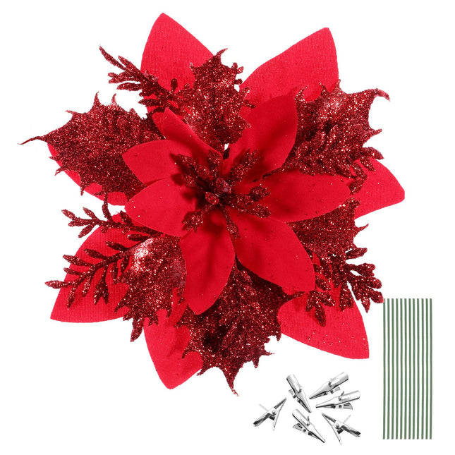 STOBOK Christmas Glitter Poinsettia Artificial Flowers12 Pack Christmas Tree Ornaments for Wreaths Garland Holiday Party, Xmas Decoration, Red 6 Inch (Red)