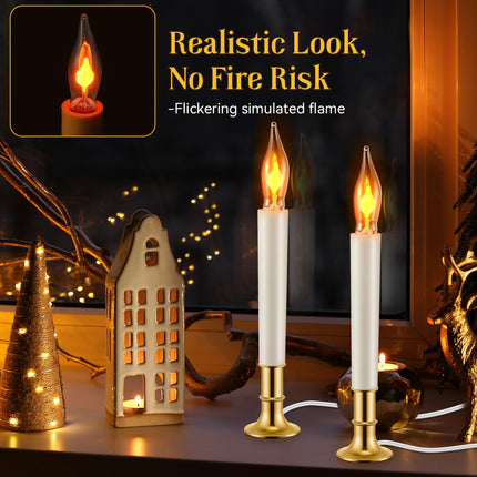 Meonum 4 Pcs Window Candles Kit Electric Christmas Window Candle, Flicker Flame Electric Window Candle Light with Gold Base, 5 Bulb and 5 Suction Cup Holder for Window Table Holiday Decor