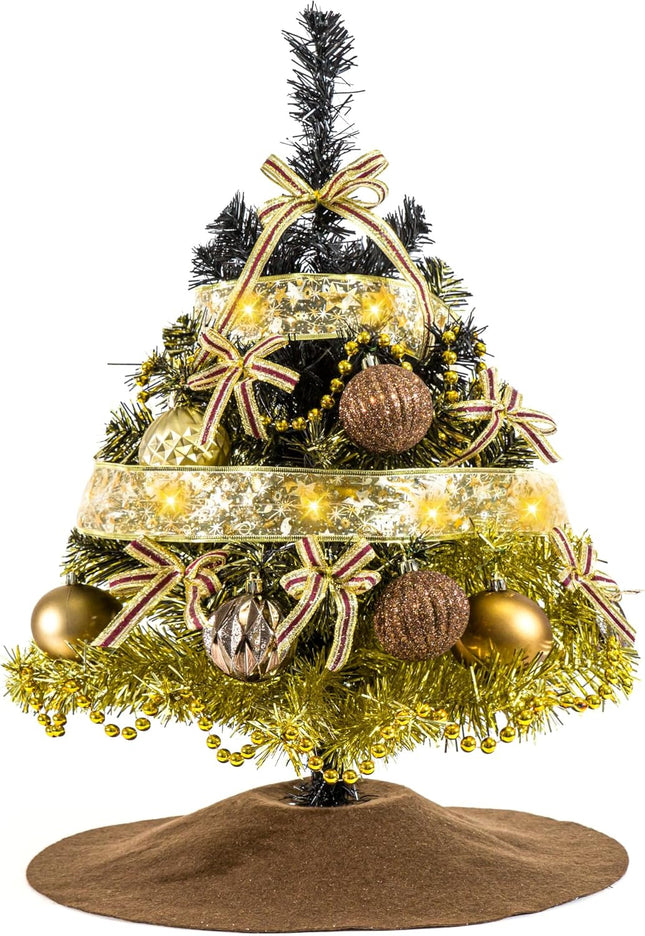 Small Artificial Christmas Tree Decorations - Mini Christmas Table Top Tree 2 FT, Xmas Desk 24 Inch Tree with 20 LED Ribbon Lights, Hanging Ornament for Home Decor Indoor Office Holiday Tabletop Party