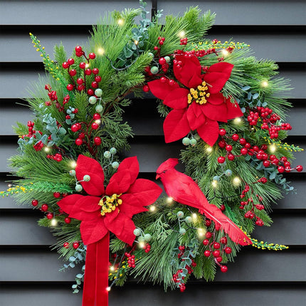 Pre-Lit Christmas Wreaths for Front Door 24 Inch Christmas Wreath with Lights,Large Winter Wreath with Cardinal Birds,Poinsettia,Green Evergreen Pine Needles Red Berries Holiday Wreath Decor
